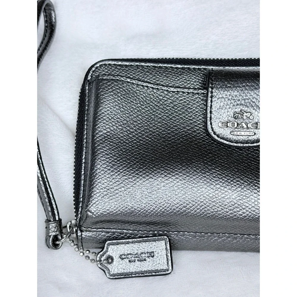 Coach Metallic Gunmetal Silver Pebbled Leather Zip Around Wristlet Wallet Clutch